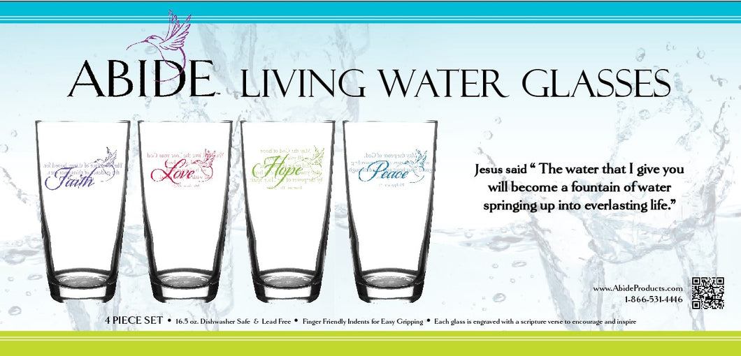 Abide Living Water Glasses 16.5 oz. Drinking glasses, scripture engraved on each.