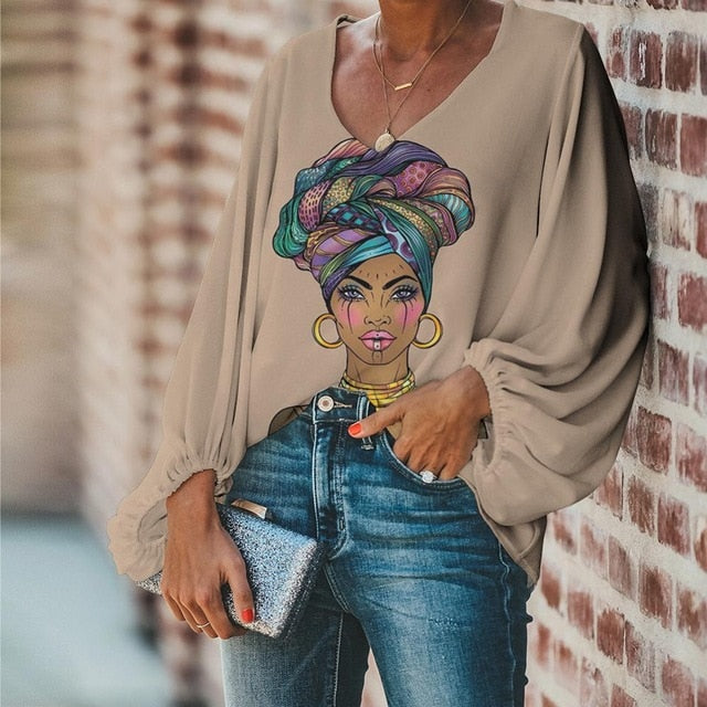 Chiffon Blouse-- Beautiful African Women Face Print