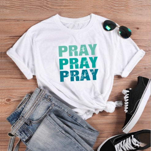 Pray On It Pray Over It Pray Through It T-Shirt Tee Gray Top Tee Shirts for Women Letter Print Woman Clothes 2020 New Tops
